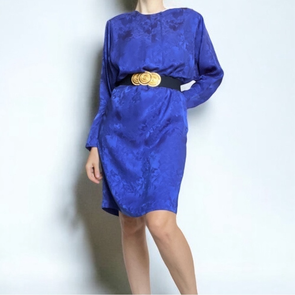 Gumps Silk Dress Vintage 80s Blue Floral Shirtdress - Picture 15 of 15